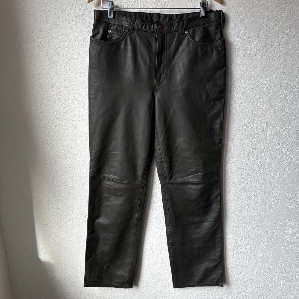 Nine West Dark Green Leather Straight Leg Pants High Waist Size 10
